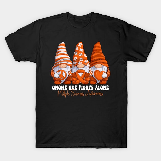 Funny Gnomies Multiple Sclerosis Awareness Month Orange Ribbon Gift Idea T-Shirt by Coolingburry